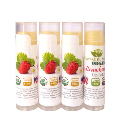 4-Pack Organic Strawberry Flavor Lip Balm. Certified USDA Organic.